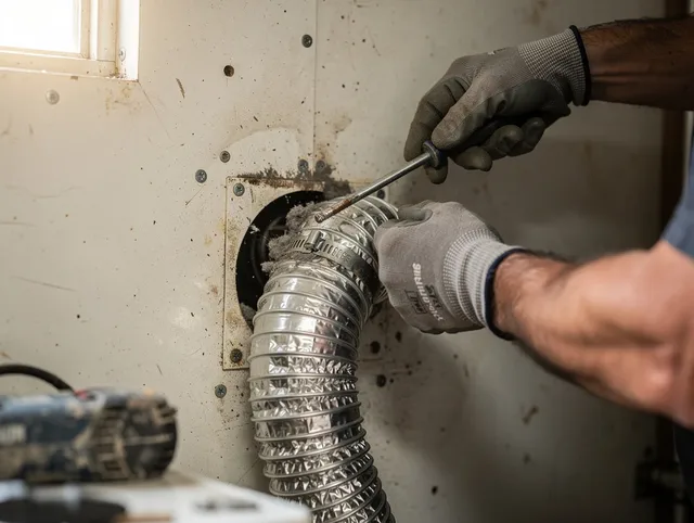 Swansea Dryer Vent Cleaning technician performing precise dryer vent hose installation in Swansea